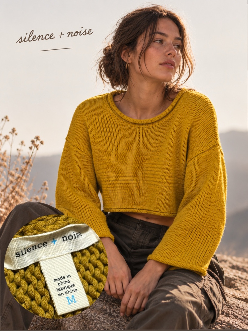 Silence Noise Women’s Cropped Knit Boho Sweater Mustard Yellow Size M